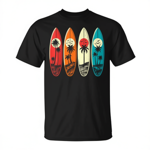 T-shirt unisexe à col rond et manches courtes, motif tropical Hawaï Palm Surfboard Retro Surf, design sur le thème de la plage - Product Image 2