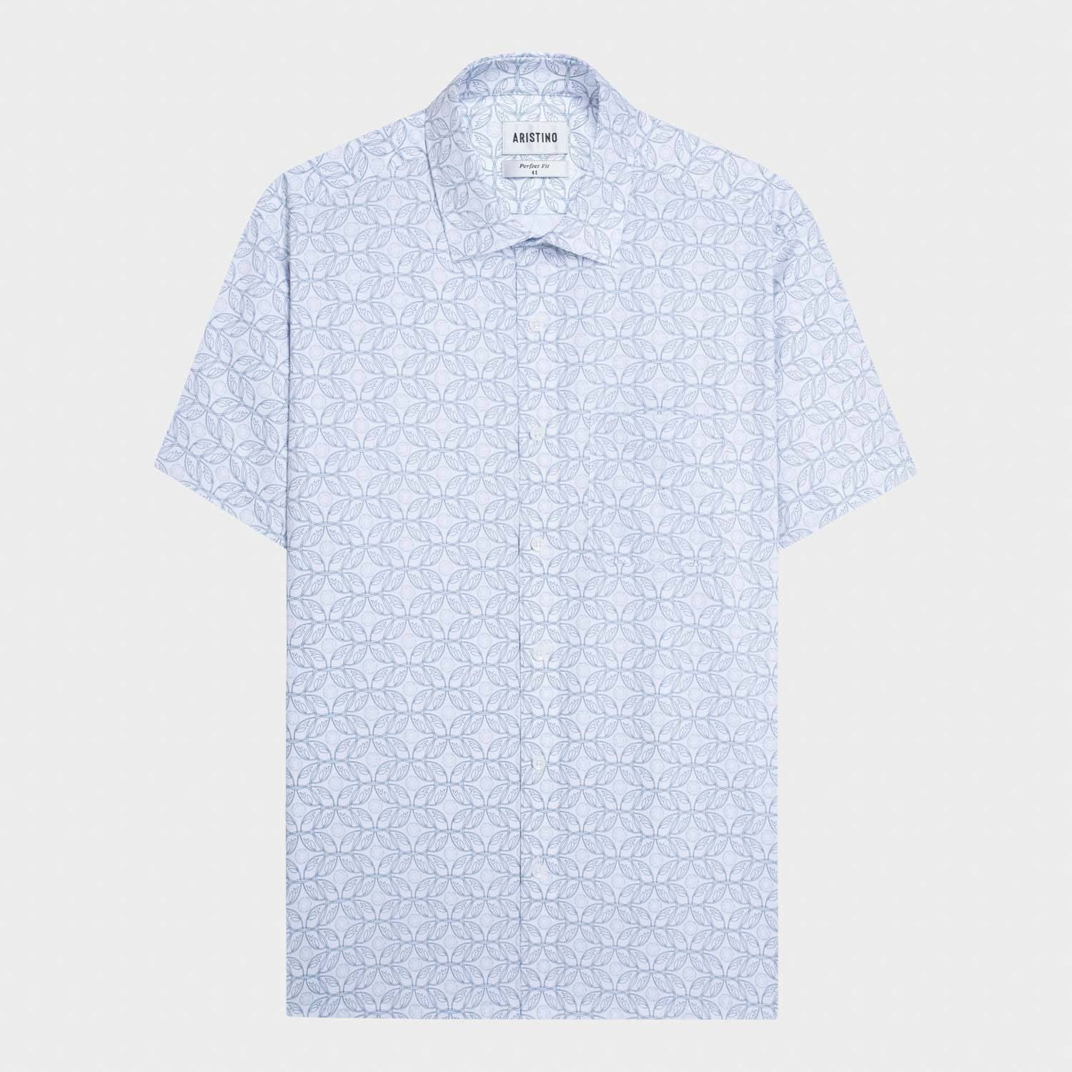 White with blue print