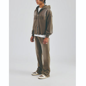 Ensemble de survêtement pour homme en kaki d'hiver, double fermeture éclair, bord brut, à capuche, surdimensionné, ample, lavé, appliqué, fermeture éclair, de haute qualité, respirant, imprimé - Product Image 2