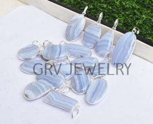 Lot de vente en gros de pendentifs ethniques en argent sterling 925 faits à la main en dentelle bleue naturelle agate pierres précieuses fiançailles anniversaire mariage - Product Image 5