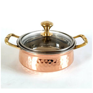 2025 Best Seller Traditional Serve ware Custom Logo Hammered Copper Stainless Steel Handi <b>With</b> <b>Lid</b> <b>Glass</b> Cover and Handle Round - Product Image 6