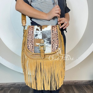 Sac à bandoulière à franges de couleur unie en cuir repoussé à la main à la mode pour les cheveux de grande capacité des femmes sur le sac de messager en cuir véritable - Product Image 1