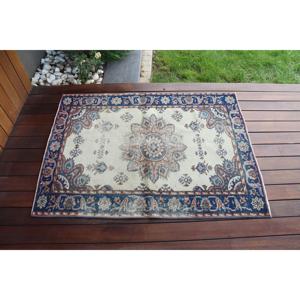 Alfombra Vintage, 3x4,1 pies, Alfombra Turca Pequeña, Alfombra Azul y Blanca con Diseño Ombré - Product Image 3