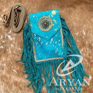 Cheveux faits à la main sur peau de vache métallique Turquoise frange femmes bandoulière Mobile sac Western en cuir véritable Concho téléphone portable sac à main - Product Image 1