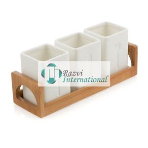 White Glossy Color Three Section Silverware Holder with Gold Leaf Design Metal Base Fabulous Design Gold Color <b>Cutlery</b> Holder - Product Image 2