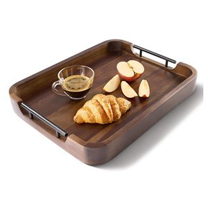 Plateau de service rectangulaire en bois avec poignées, design traditionnel, technique artisanale en bois pour table basse, salon, cuisine, fête - Product Image 1