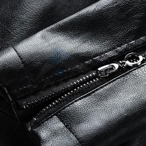 Veste en cuir pour motard homme avec col montant, design bicolore, fermeture éclair intégrale, manteau décontracté d'automne, noir et blanc - Product Image 4