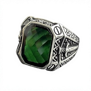 Men's Handmade 925 Sterling <b>Silver</b> <b>Ring</b> Square Green <b>Emerald</b> Gemstone with Sword Motif Fashionable Knights Signet <b>Ring</b> - Product Image 1