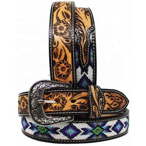 Cuir véritable Peau de vache Designer Ceinture perlée Western Bling Ceinture de luxe Premiom Peau de vache Floral Handtooled Prêt à expédier Unisex - Product Image 1