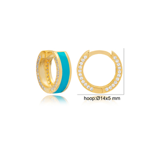 925 <b>Sterling</b> <b>Silver</b> Jewelry Enamel Design Turquoise Color CZ Stone <b>Hoop</b> Earrings Turkish Handmade - Product Image 2