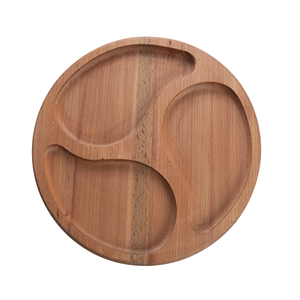 Plateau à collation rond en bois de hêtre à 3 sections - Plateau de service compartimenté de 29 cm - Plateau en bois naturel pour apéritifs et noix - Product Image 3
