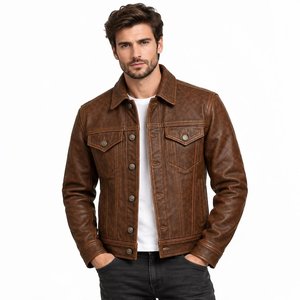 Blouson moto homme en cuir véritable marron, style urbain, écologique, teint uni, col rabattu, simple boutonnage, coupe droite, automne - Product Image 6
