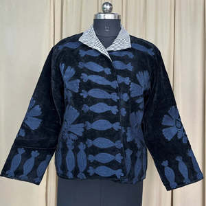 Boho Chic Retro Free Size Full Sleeve Turn-<b>down</b> Collar Hand Embroidered Black Floral Velvet Suzani Open Front Winter Coat Robe - Product Image 1