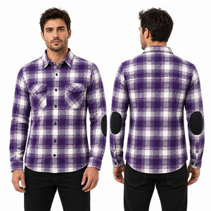 Chemise en flanelle unie violette à manches longues pour homme avec empiècements aux coudes, col rabattu en coton, style décontracté urbain, séchage rapide et respirante - Product Image 4