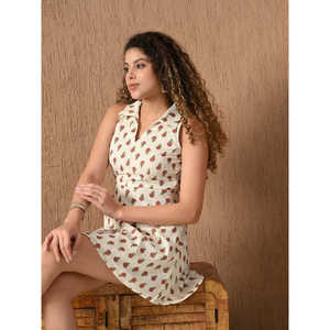 Robe Bohème Femme Coupe Trapèze Col en V Imprimé Floral Taille Naturelle Entièrement Doublée 100% Coton Mini Lavable Respirante Vêtement d'Été - Product Image 2