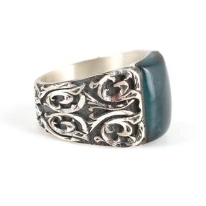 925 Sterling Silver Men's Handcrafted <b>Ring</b> with Green Pressed Amber Stone and Pen Design Turquoise Bezel Setting Everyday Wear - Product Image 4