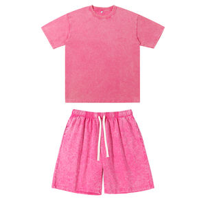 Ensemble de t-shirts et shorts en denim délavé 300 GSM, unisexe, t-shirt à col rond, ensemble de shorts pour hommes, personnalisation, haute qualité, deux pièces - Product Image 1