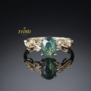 Anillo de Ágata Musgosa Ovalada en Oro de 14K, Anillo de Compromiso Botánico con Hoja de Ágata Musgosa Verde, Anillo de Joyería Fina - Product Image 2