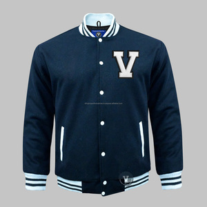 Venta al por mayor por encargo de algodón azul polar Letterman chaqueta Vintage estilo universitario con botón bordado Casual ropa de invierno - Product Image 1