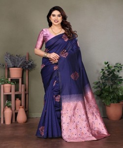 NOUVELLE ARRIVÉE LITCHI SOIE JACQUARD TRAVAIL SAREE AVEC CHEMISIER NON COUCHÉ VÊTEMENT FESTIF PRIX DE GROS VÊTEMENT ETHNIQUE BLEU - Product Image 1