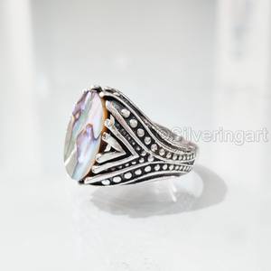 แหวนเงินแท้ 925 สำหรับผู้ชาย ประดับเปลือกหอยมุกอะบาโลนธรรมชาติ พร้อมพลอยประจำเดือนเกิด ทุกขนาด ของขวัญวันครบรอบแบบอาหรับ - Product Image 5