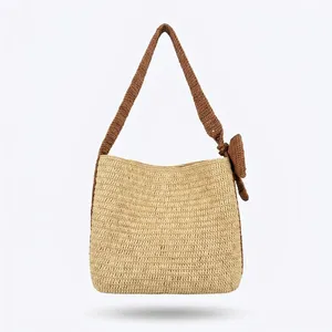 Bolso de hombro hecho a mano para mujer con decoración de lazo, estilo bohemio, para uso diario en verano, parte superior abierta, correa única, beige y marrón - Product Image 2