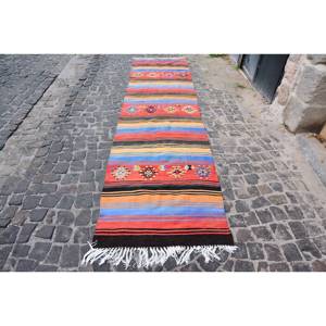 Tapis en Laine Turque Vintage Fait Main 3 'X 12.9' Rouge Bleu Ethnique Patchwork Rectangle Design Style Classique pour Salon Chambre Latex - Product Image 1