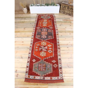 Tapis turc vintage 3,2x10,9 pi (98x333 cm), tapis Herki géométrique orange - Product Image 1