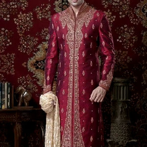 Superbe ensemble Sherwani de mariage 2024 pour marié couleur marron perles de verre cristal brodées Dabka travail respirant grande taille - Product Image 1