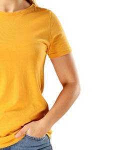 Camiseta amarilla lisa con cuello redondo para mujer, camiseta informal cómoda de manga corta de tela de algodón suave para uso diario y moda de verano - Product Image 3