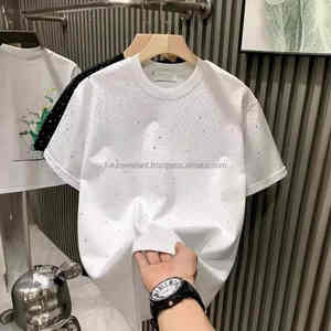 2025 Nueva camiseta personalizada con estampado de diamantes de imitación para hombres, camiseta informal con cuello redondo, moda Unisex Hip Hop, negro, 100% algodón recortado - Product Image 5