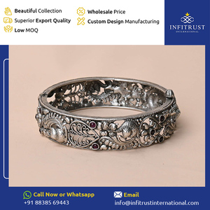Floral Design Oxidised Silver <b>Ruby</b> Stone Embellished Girls Ethnic Wear Kada Bangles at Outstanding Market Price from India - Product Image 2