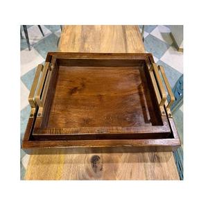 Juego de bandejas de servicio de color marrón de madera de 2 bandejas de bombones con forma hexagonal con asas de metal para uso en la mesa de comedor - Product Image 6
