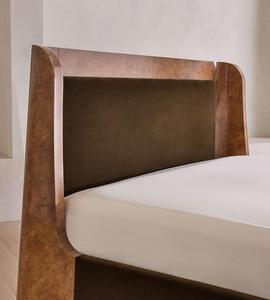 Custom Mid‑Century Modern <b>Platform</b> <b>Bed</b> Curved Burl Wood Veneer <b>Frame</b> Velvet Upholstered Headboard Solid Wood <b>Bed</b> For Bedroom - Product Image 6
