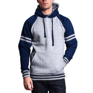 Sudadera con capucha de lana de algodón 100% de peso pesado para hombre, sudadera gris jaspeado/real con mangas a rayas en contraste, bolsillo para invierno - Product Image 1