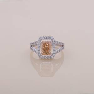 IGI Certified Radiant Cut Peach Diamond Halo Engagement & Wedding <b>Ring</b> in 9K White / Rose & Yellow Gold - Product Image 1