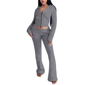 Trajes de dos piezas, conjunto de trajes cálidos de Color sólido, conjuntos de ropa de otoño e invierno para mujer, sudadera con cremallera y cuello levantado, Pantalones - Product Image 1