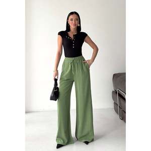 XLove <b>Jeans</b> Women's High <b>Waist</b> <b>Elastic</b> Palazzo Pants, Loose Fit Wide Leg Linen Cotton Trousers in Rose Pink, Summer Casual Wear - Product Image 3