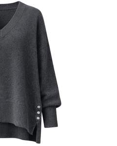 Suéter de Punto Extra Grande para Mujer, Color Gris Carbón, Personalizado, Cuello en V, Botones Laterales, Abertura Lateral, Suave, Informal, Holgado, para Invierno - Product Image 2