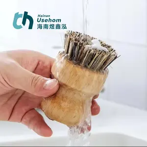 Kustom Logo bambu sikat bulat Mini Pot sikat dapur wastafel mencuci piring panci sikat sayuran