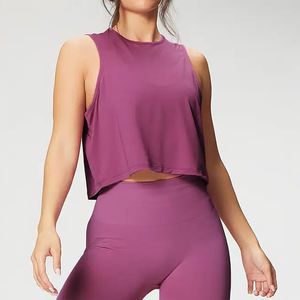 Top corto ajustado de alta calidad para mujer, Camiseta deportiva de algodón de manga corta de tela genuina, camisetas sin mangas altas lisas para mujer - Product Image 5