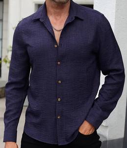 Chemise à manches longues décontractée toutes saisons de couleur unie pour hommes avec poches poitrine à col montant Lavable en machine Coupe régulière Respirante - Product Image 1