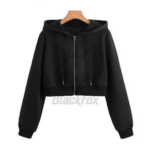 Women's Black <b>Cropped</b> Hoodie <b>Zip</b>-<b>Up</b> Long Sleeve Solid Color Hooded Sweatshirt Autumn Knitted Casual Wear - Product Image 1