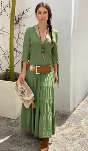 100% algodón verano cuello en V señoras Maxi vestido 3/4 manga hasta el tobillo escalonado suelto Casual sólido teñido Maxi vestido para mujer - Product Image 4