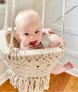 Best Price Eco Friendly Baby Hanging Chair Handmade White Cotton Woven Macrame Hanging Swing Cotton Rope for Baby Wood Modern