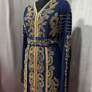 Royal Navy Blue Hand-Embroidered <b>Kaftan</b> Abaya Golden Zari Work Modest <b>Long</b> Sleeve Floor Length <b>Dress</b> for Parties ODM Accessory - Product Image 1