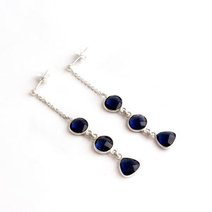 Nouveau design à facettes bleu iolite quartz filles mode boucle d'oreille argent plaqué lunette réglage suspendu chaîne boucle d'oreille bijoux en laiton - Product Image 1