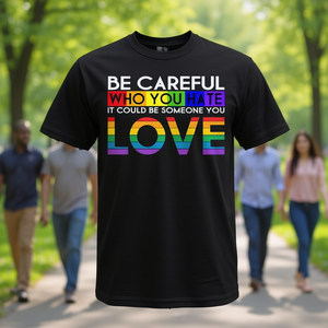 Camiseta LGBT Pride Rainbow, cuidado con con quién odias, mensaje de amor, color negro, unisex, talla para adultos - Product Image 3