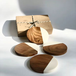 Ensemble de dessous-de-verre ronds en résine et bois, incrustation de pierre blanche, acacia, résistant à la chaleur, tapis de boisson, décoration de luxe pour la maison, bar, restaurant, boîte cadeau, nouveauté - Product Image 1