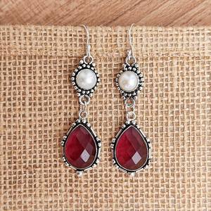 Ruby & <b>Pearl</b> Dangle <b>Earrings</b> <b>Silver</b> Plated Boho Jewelry Handmade Multi Stone <b>Earrings</b> Gift for Her Elegant Drop <b>Earrings</b> for - Product Image 4